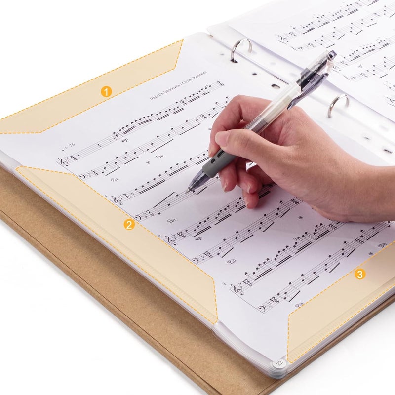 Rockhouse حافظة نوتات موسيقية، مجلد ثلاثي الحلقات لحفظ الموسيقى، حافظة جوقة 40 صفحة تناسب ورق النوتات 8.5 × 11 بوصة (غلاف ورق كرافت) - Image 2